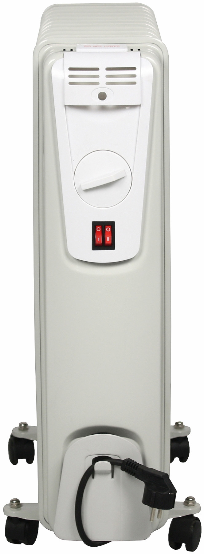 Weißer Elektroheizkörper mit Drehknopf, roten Schaltern und Netzkabel.