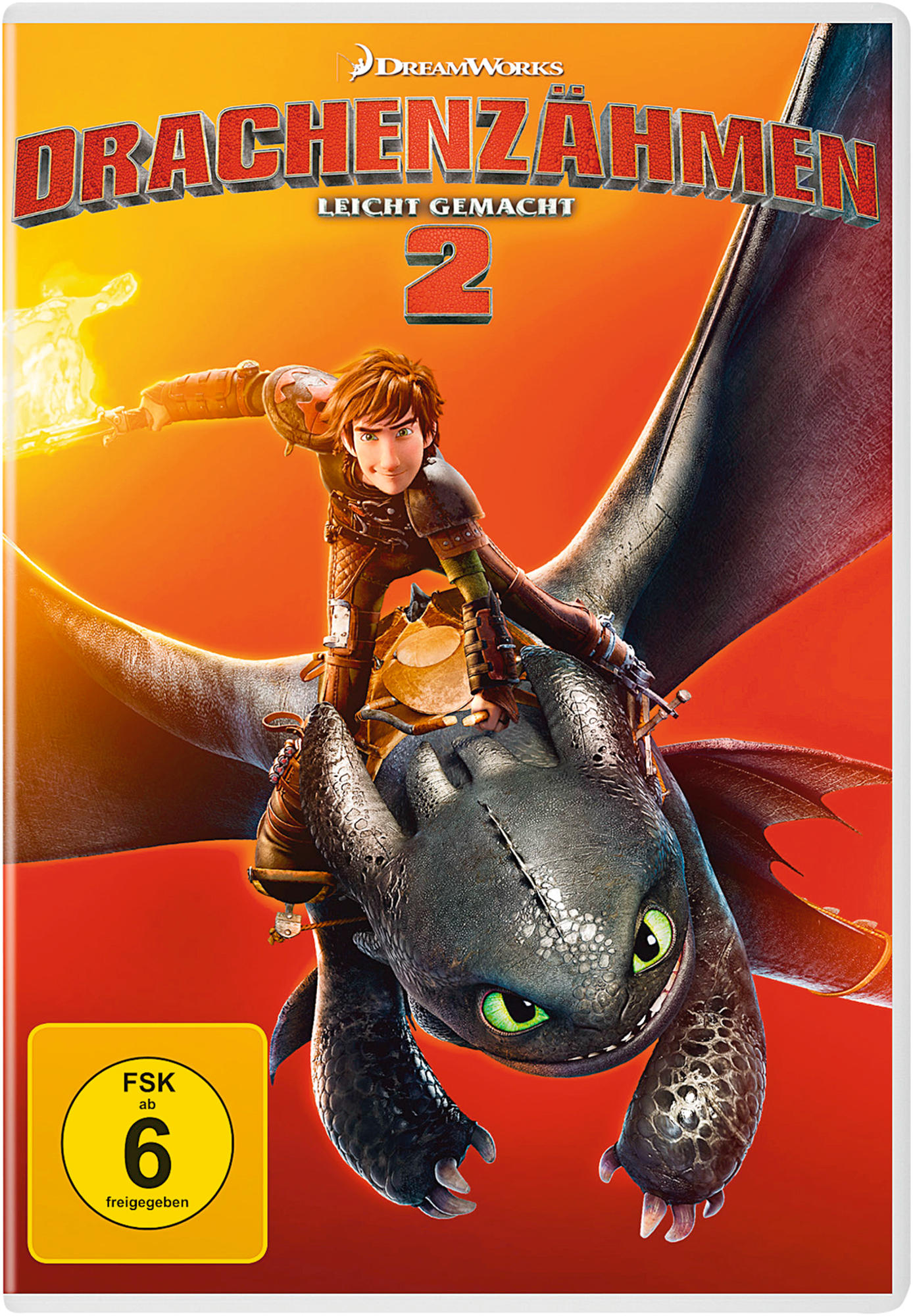 Filmcover mit einem Jungen, der auf einem Drachen reitet. Der Text lautet 'DRACHENZÄHMEN LEICHT GEMACHT 2' und 'DreamWorks'.
