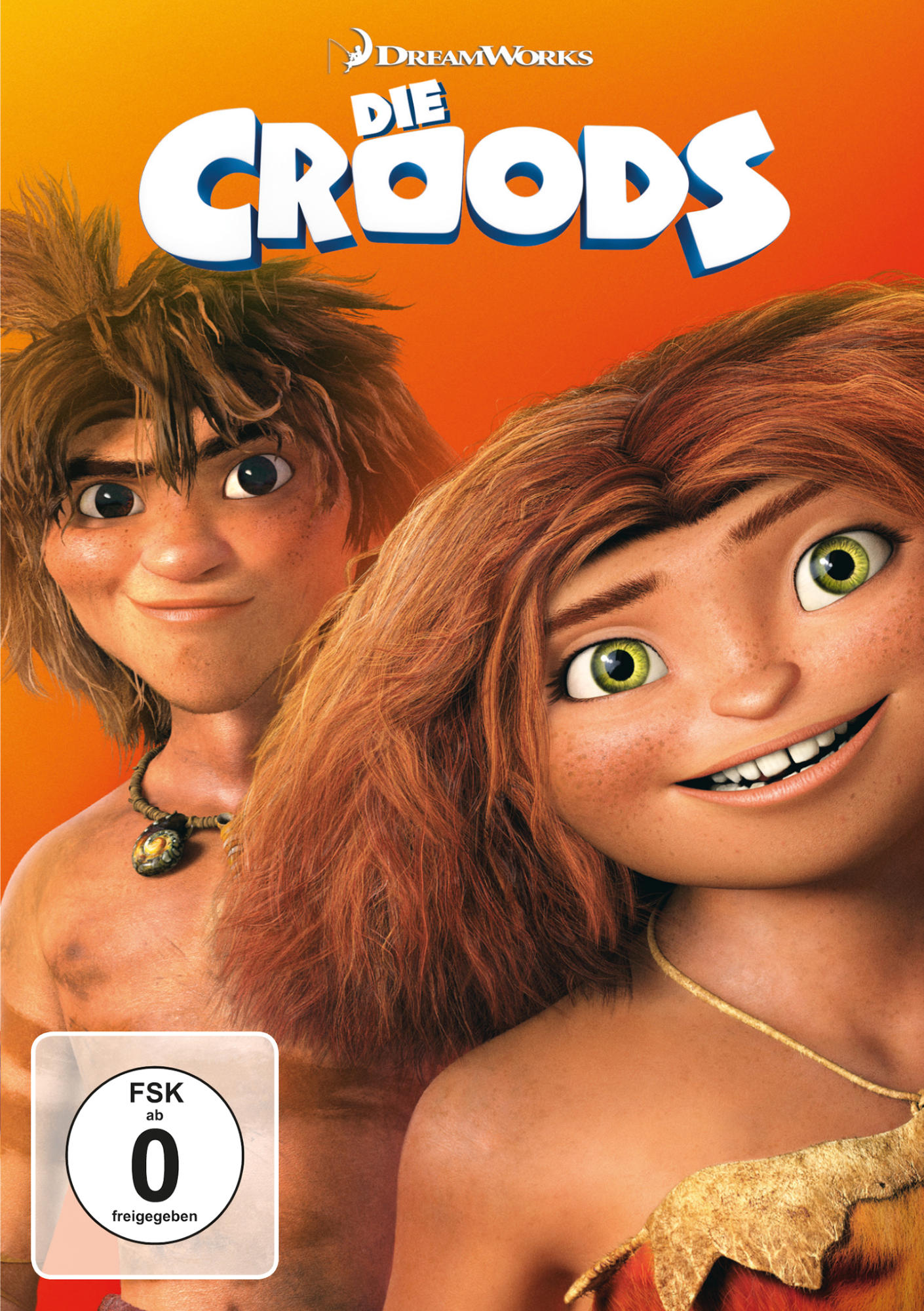 DVD-Cover des Zeichentrickfilms 'Die Croods'. Zwei Zeichentrickfiguren lächeln.
