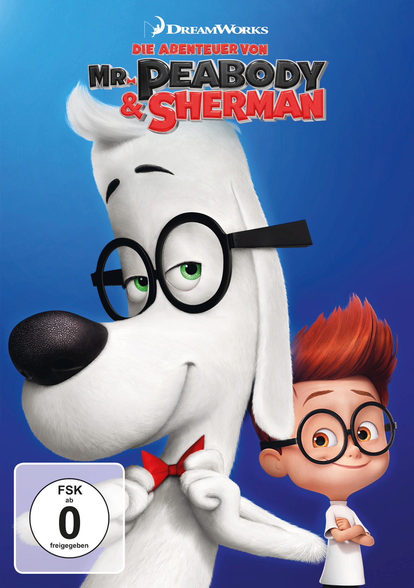 DVD-Cover mit den Zeichentrickfiguren Mr. Peabody und Sherman auf blauem Hintergrund.