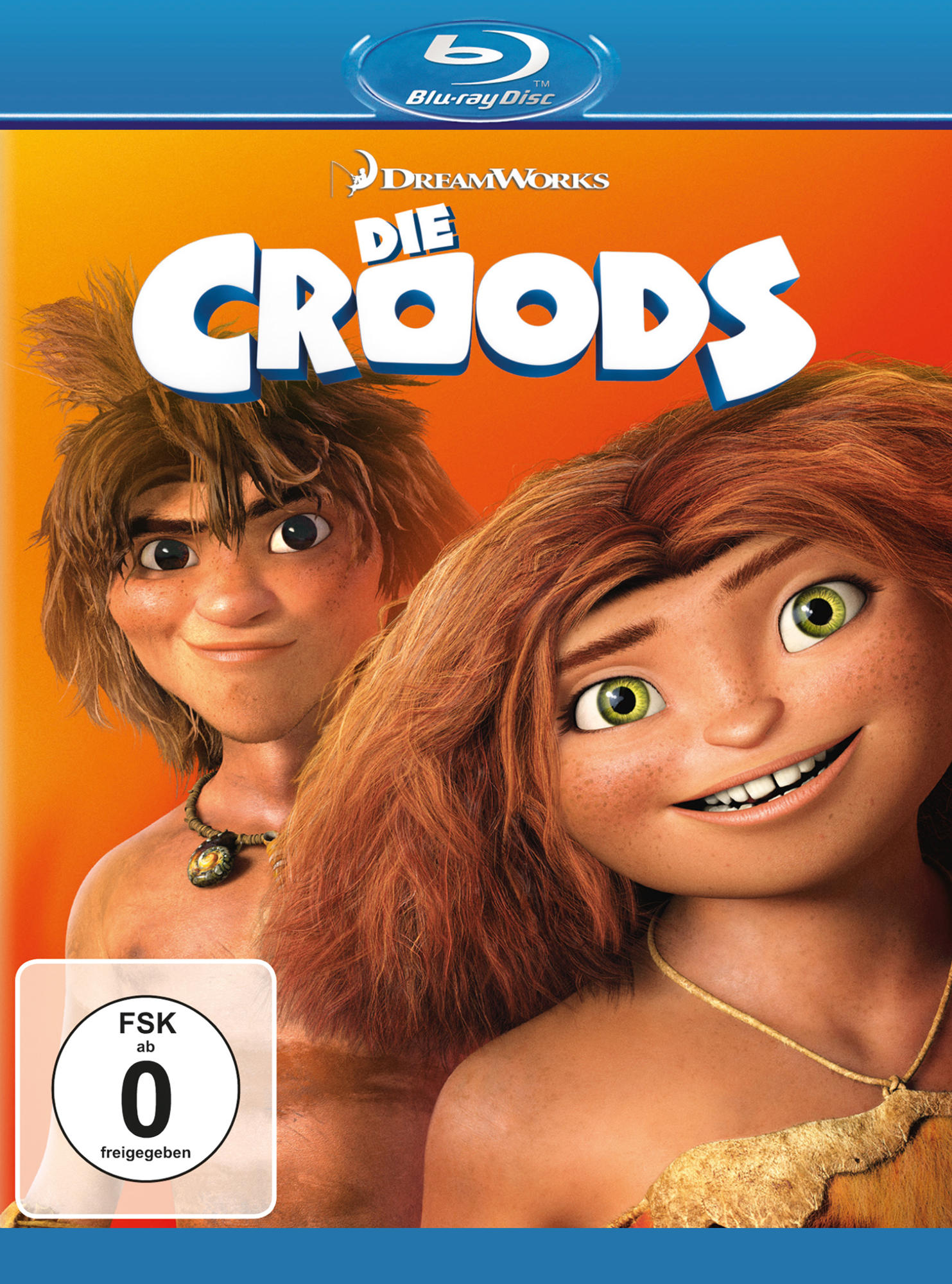 Die Croods Filmcover. Ein Cartoon-Paar ist abgebildet. Text enthält Filmtitel und DreamWorks-Logo.
