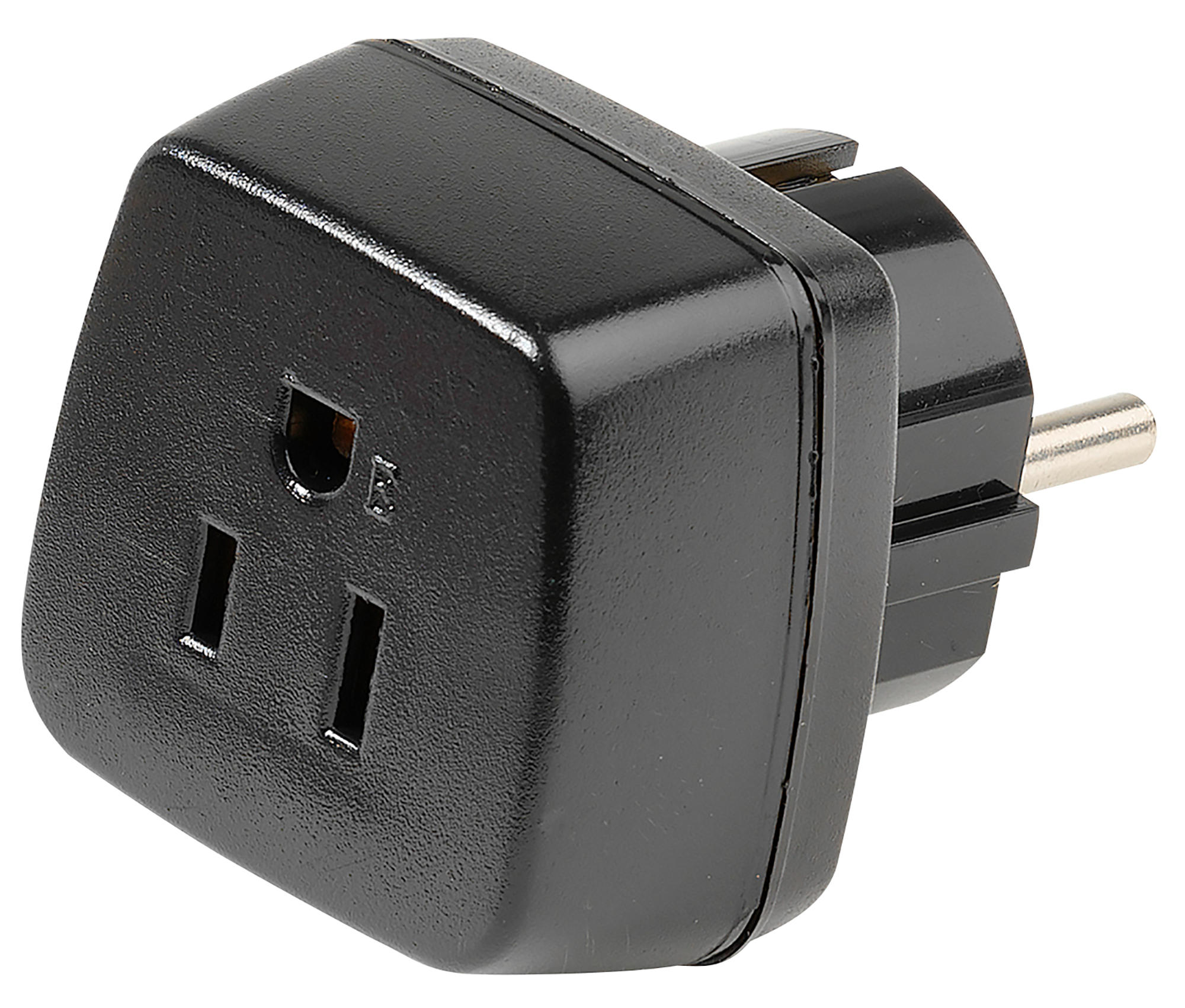 Schwarzer Elektro-Adapter. Hat zwei amerikanische Steckdosen und einen europäischen Stecker.