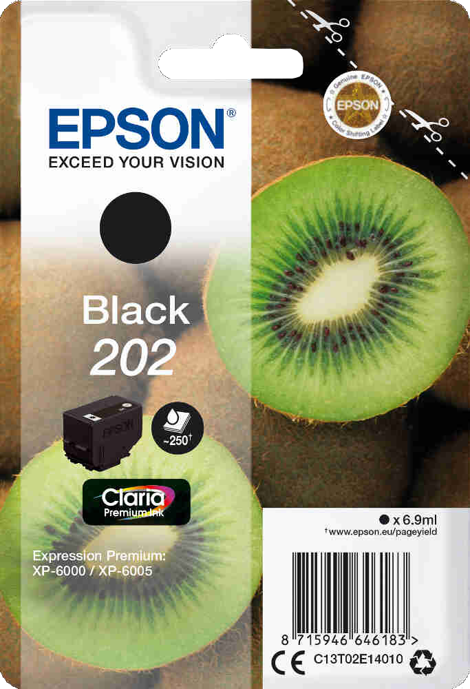Pack de cartouches d'encre Epson. Montre une cartouche d'encre noire, avec un kiwi et le logo Epson.