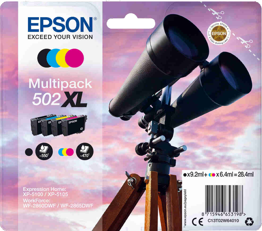 Multipack de cartouches d'encre Epson avec télescope sur un support en bois. Comprend des indicateurs de couleur.