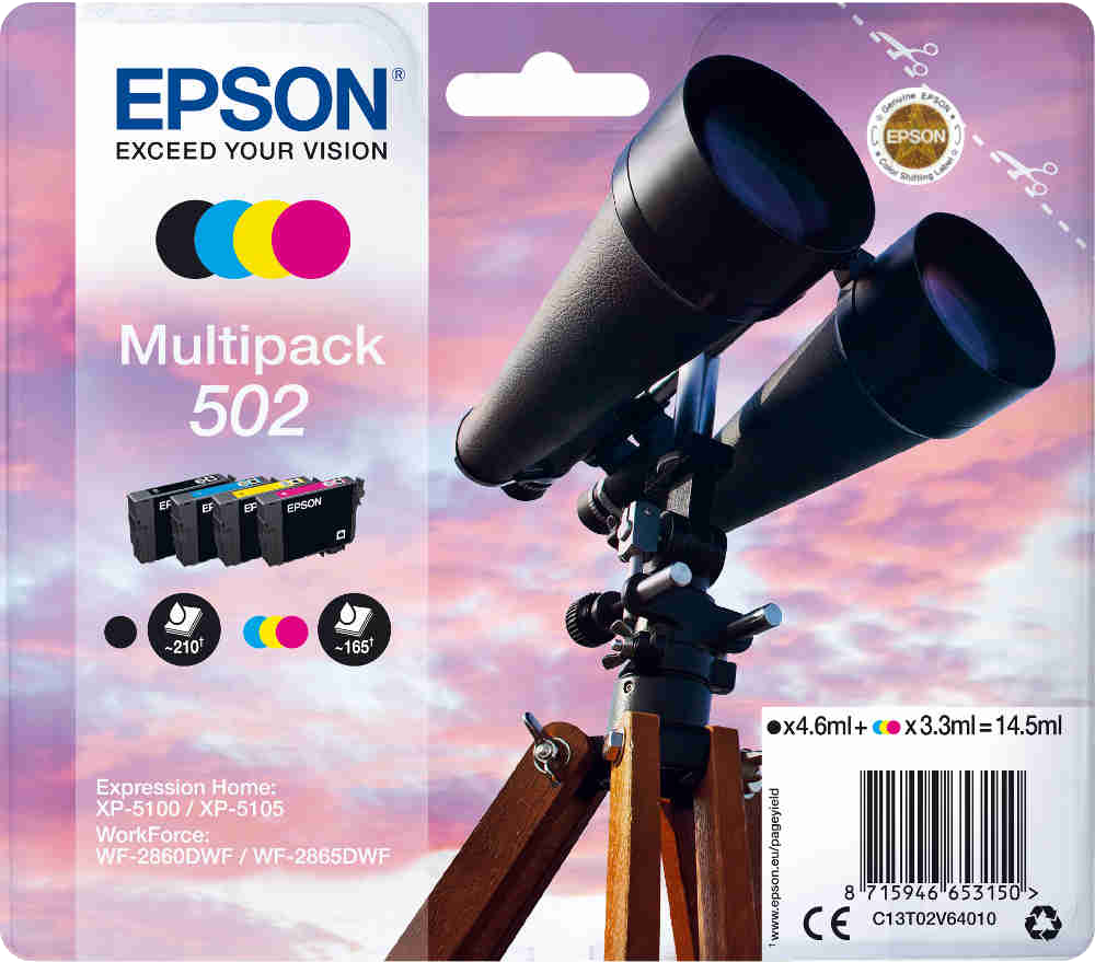 Cartouches d'encre Epson dans un emballage avec les couleurs noir, cyan, jaune et magenta.