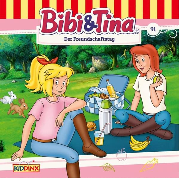Bibi & Tina Comic-Cover. Zwei Mädchen, Pferde, Picknickkorb und Hasen auf rosa Hintergrund.