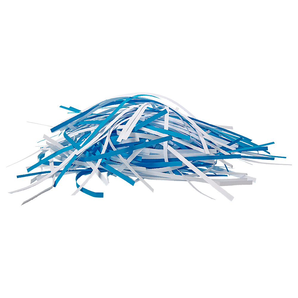 Zerkleinerte Papierstreifen in Blau und Weiß. Die Streifen sind auf weißem Hintergrund aufgetürmt.