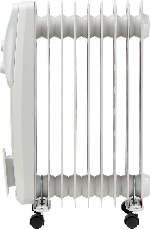 A white electric radiator with multiple vertical panels and a wheel at the bottom.