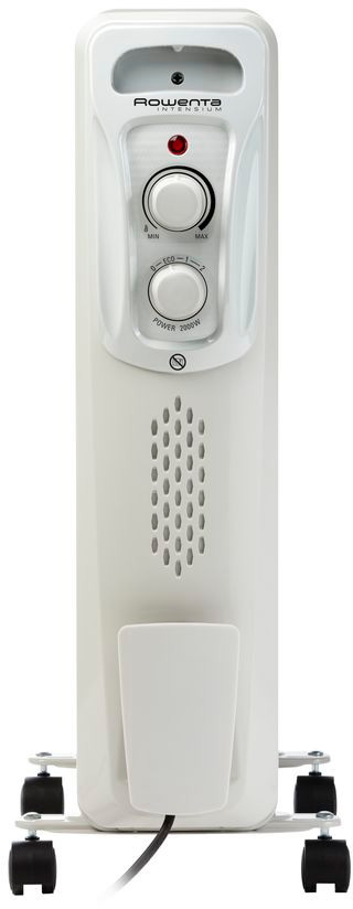 White Rowenta oil-filled radiator with control dials and a power cord.