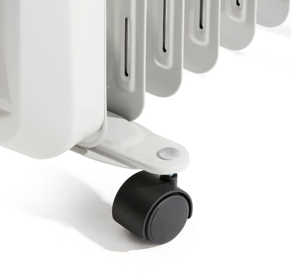 Close-up of a white, modern radiator on wheels. A black wheel is visible, and a white base is attached.