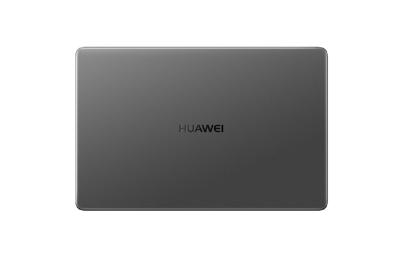 Un portátil gris oscuro con el logotipo de HUAWEI centrado en la parte trasera, fondo blanco.