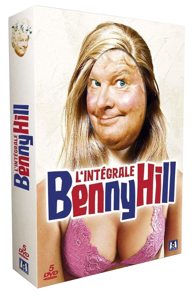Couverture DVD de Benny Hill, avec une image humoristique de Benny Hill déguisé en femme avec un soutien-gorge rose.