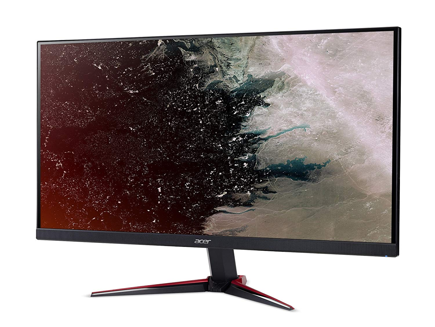 Monitor Acer con biseles negros delgados y soporte con detalles rojos. Muestra una imagen abstracta.