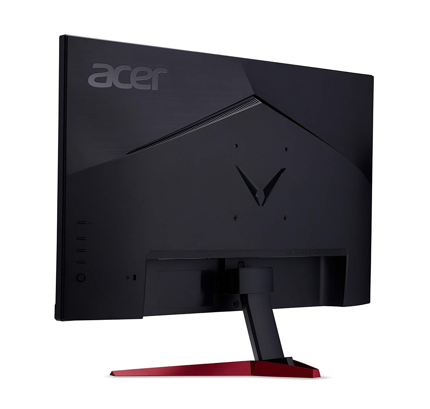 La parte trasera de un monitor Acer negro con detalles rojos. Muestra puertos, logo y soporte.