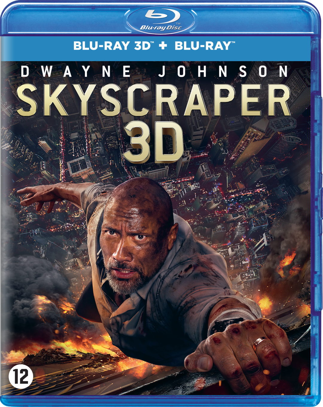 Jaquette Blu-ray de 'Skyscraper 3D', avec Dwayne Johnson. Montre un gratte-ciel en feu.