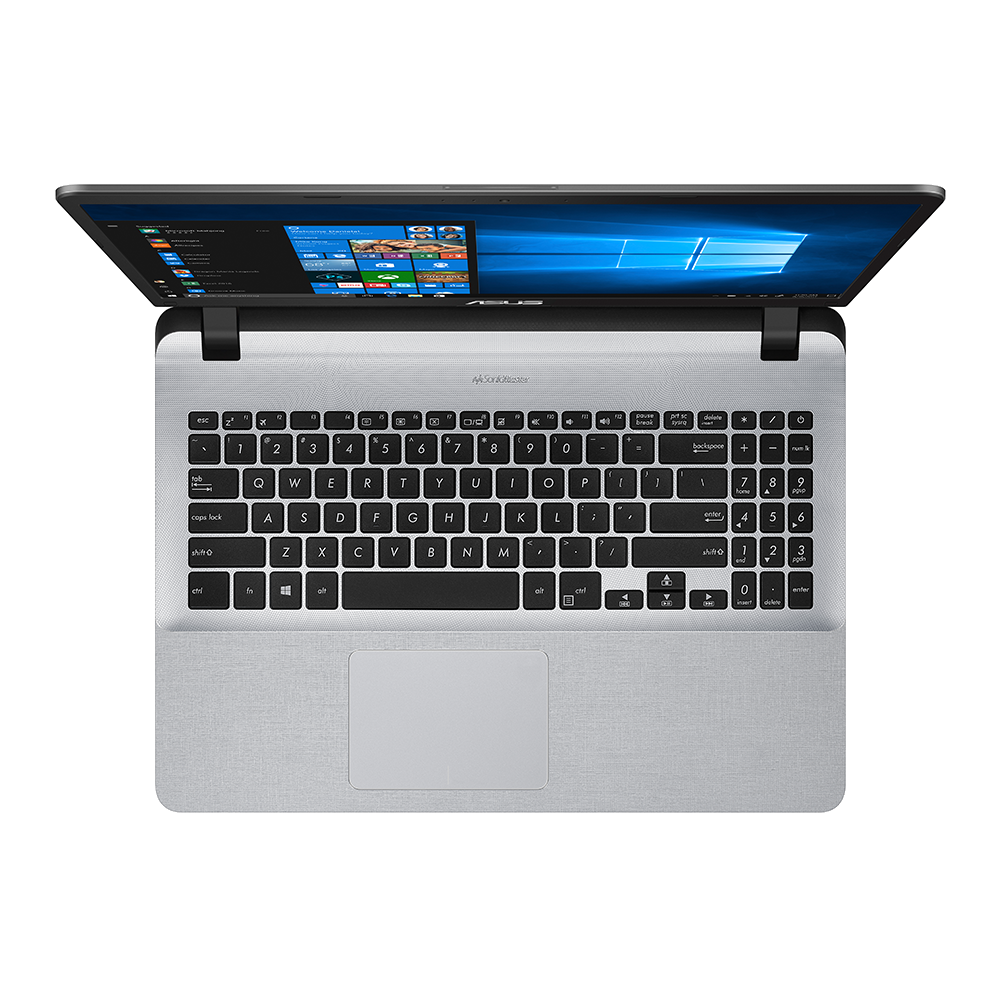 Draufsicht auf einen ASUS-Laptop mit geöffnetem Bildschirm, auf weißem Hintergrund.