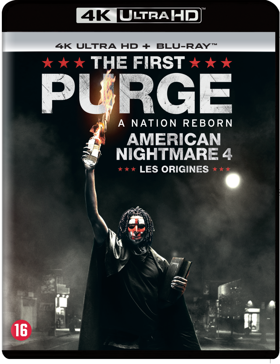 DVD-hoes voor 'The First Purge', een horrorfilm, met een persoon die een molotovcocktail vasthoudt.