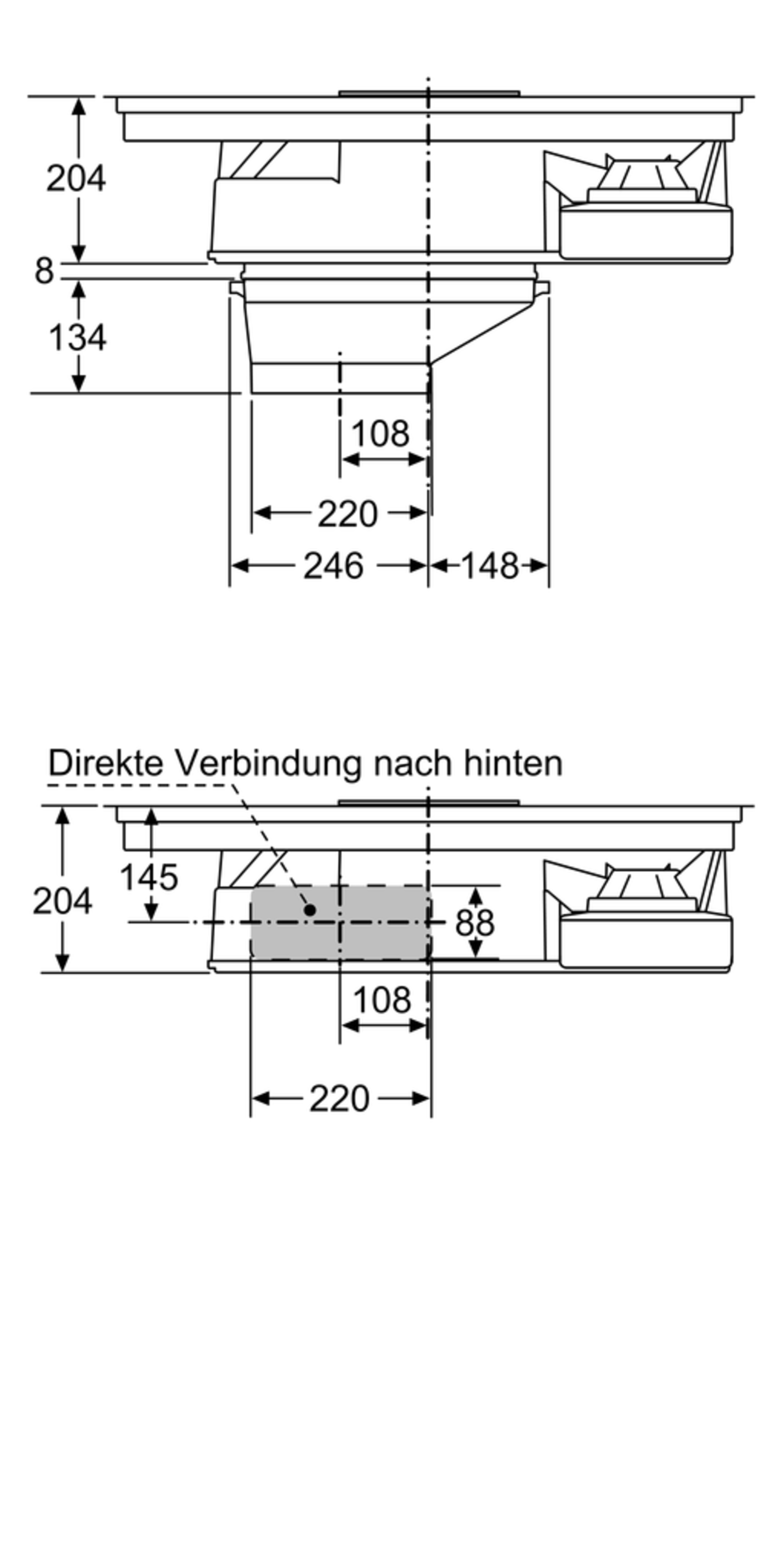 Technische Zeichnung eines Küchenelements mit Maßen.
