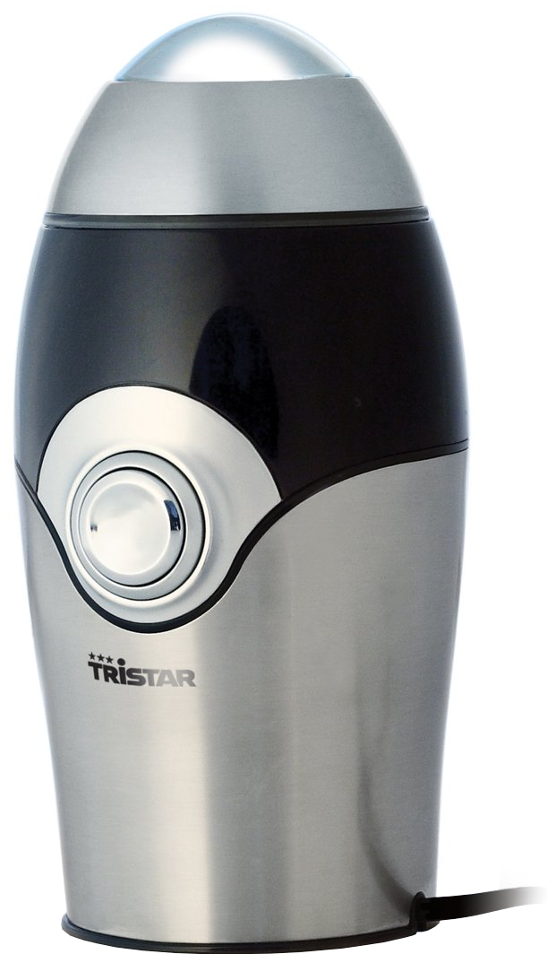 Koffiemolen met een zwart en zilver ontwerp. Afgeronde vorm. Tristar merk.