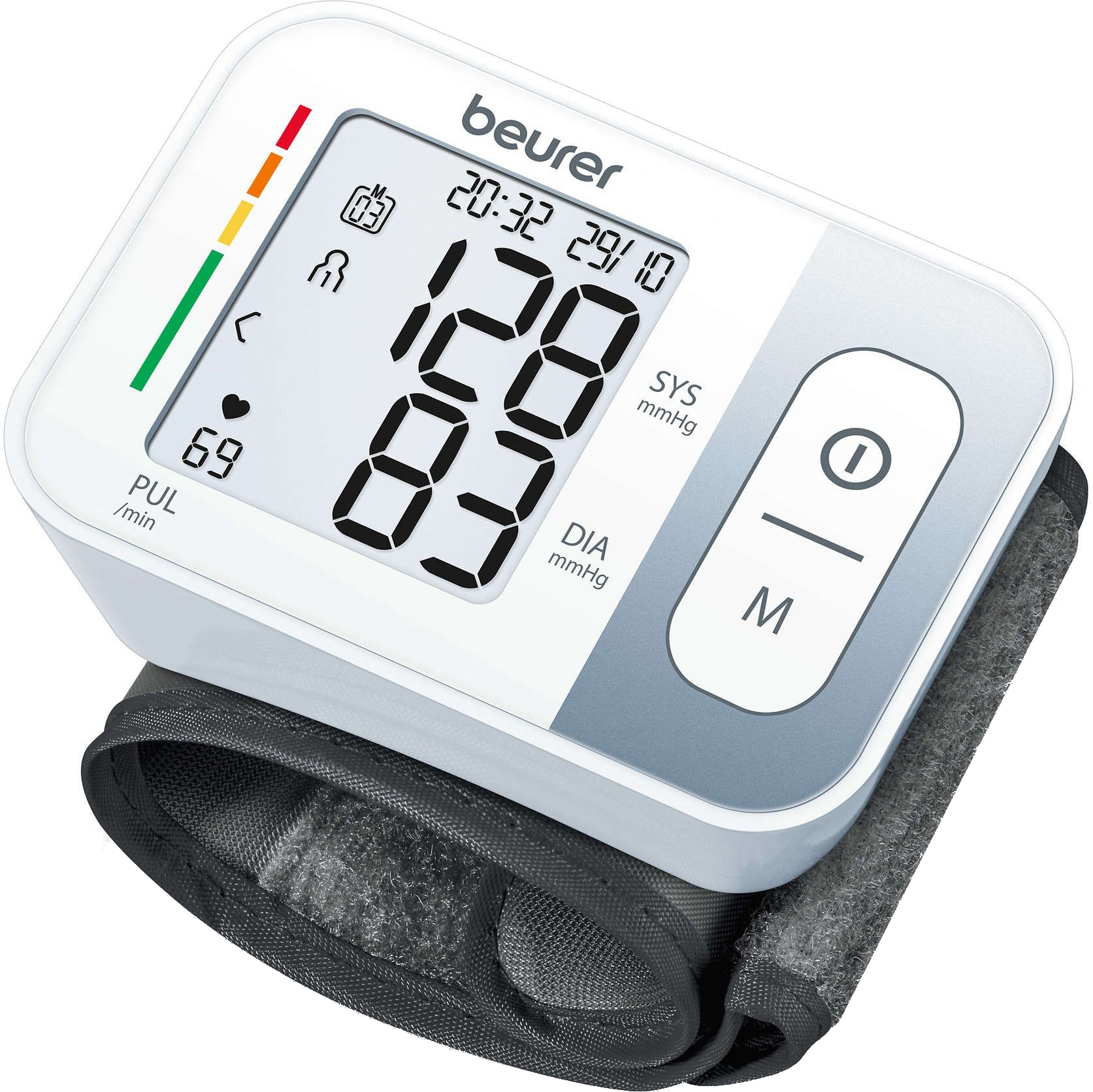Witte bloeddrukmeter met display met metingen en knoppen. Merk: beurer.