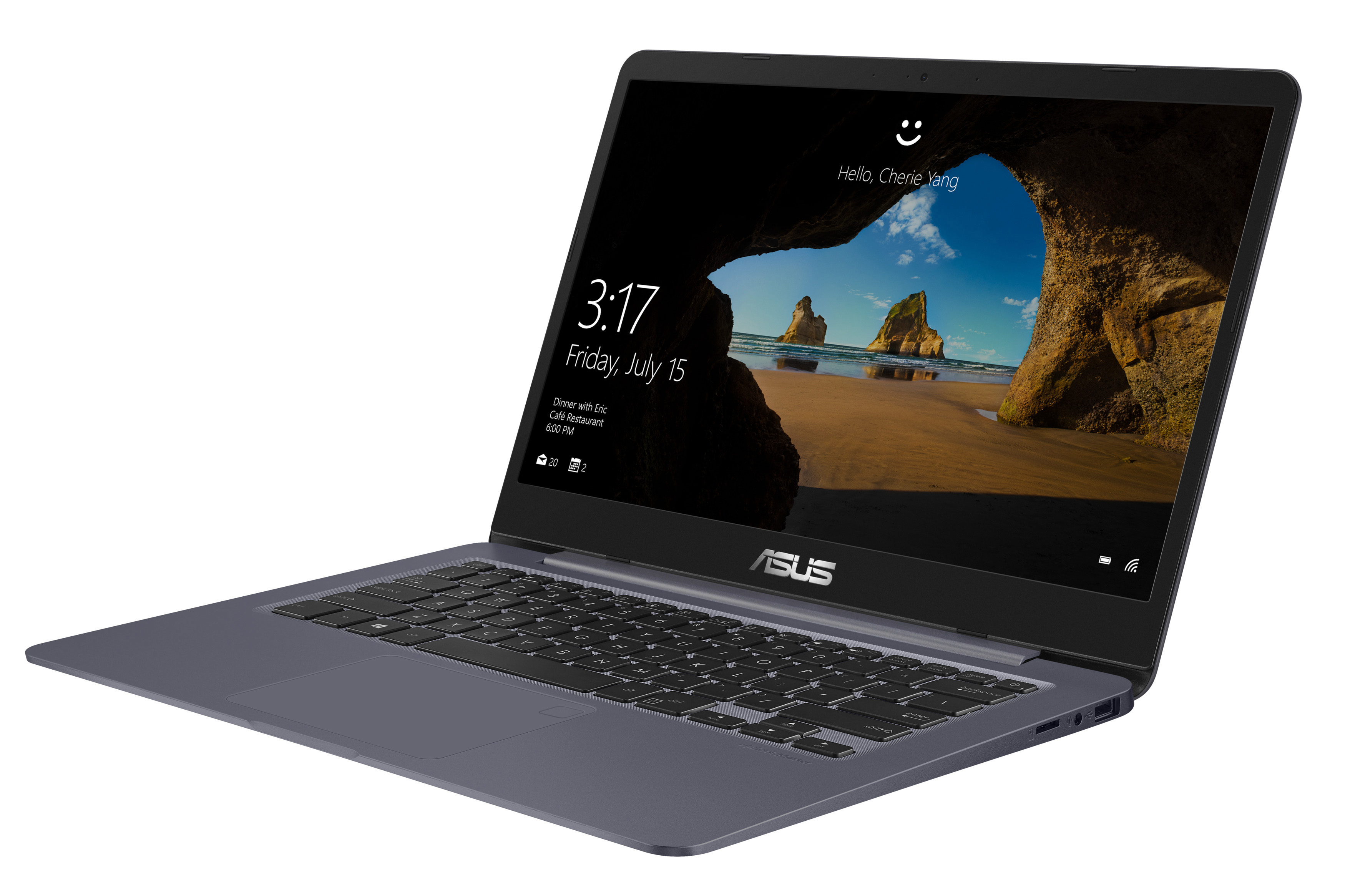 Ein ASUS-Laptop, der einen Windows-Desktop mit einem Strand-Hintergrund zeigt. Der Hintergrund ist weiß.