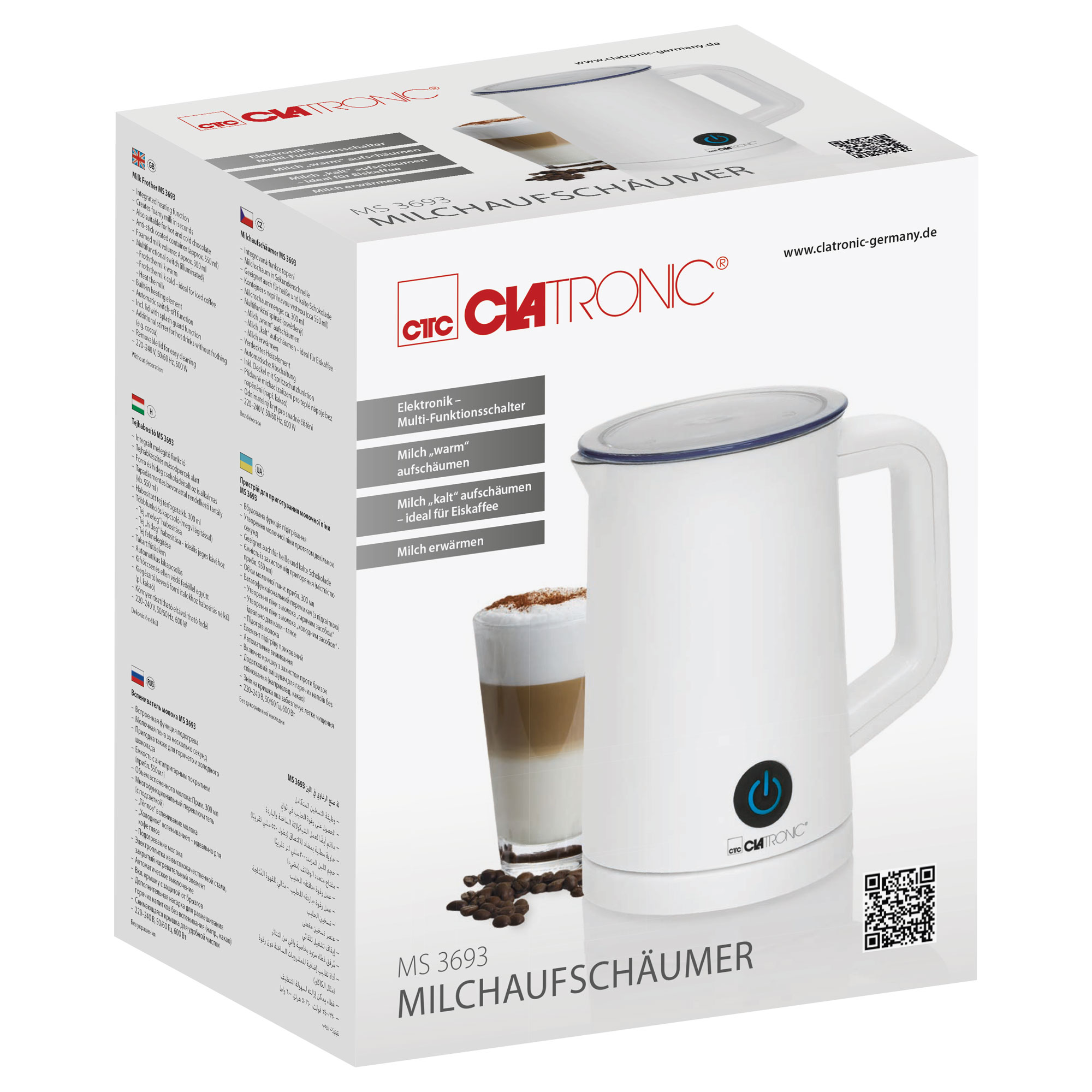 Weißer Milchaufschäumer-Karton mit Produktbild und Text.