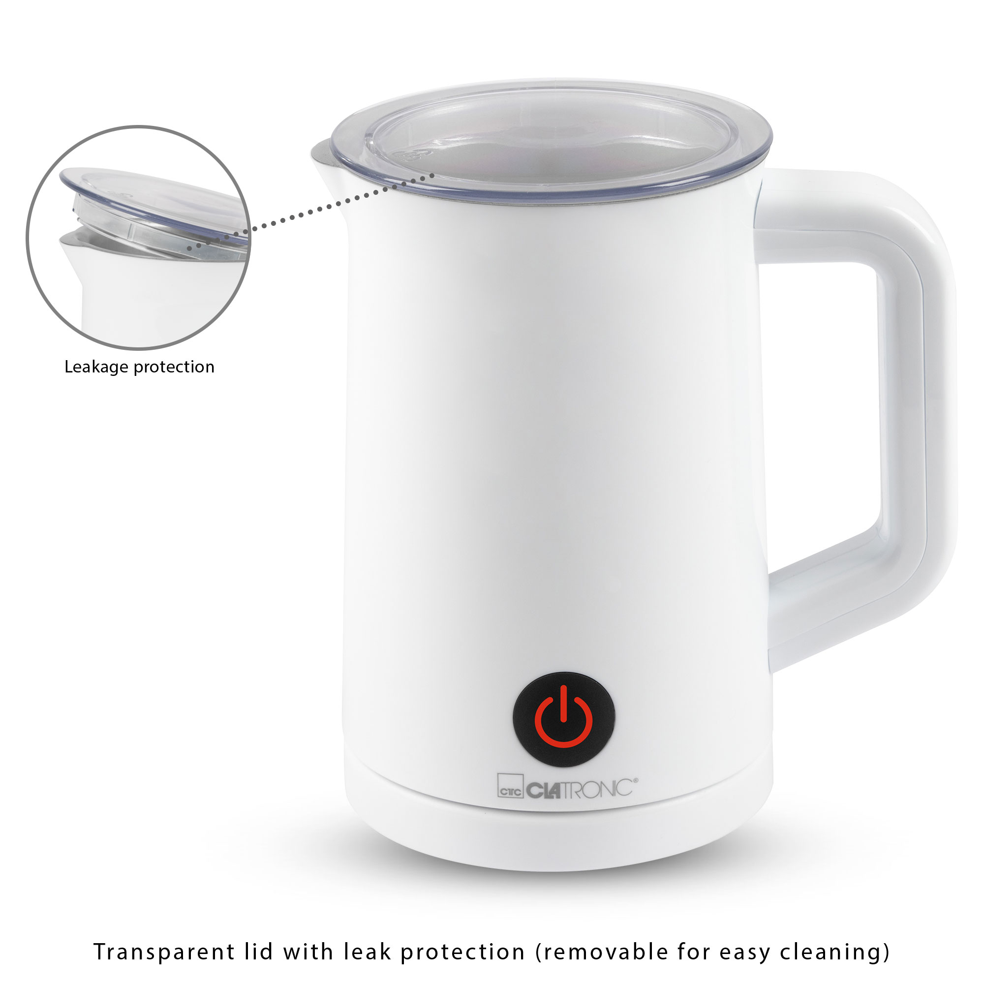 Weißer Milchaufschäumer. Mit transparentem Deckel und roter Power-Taste.