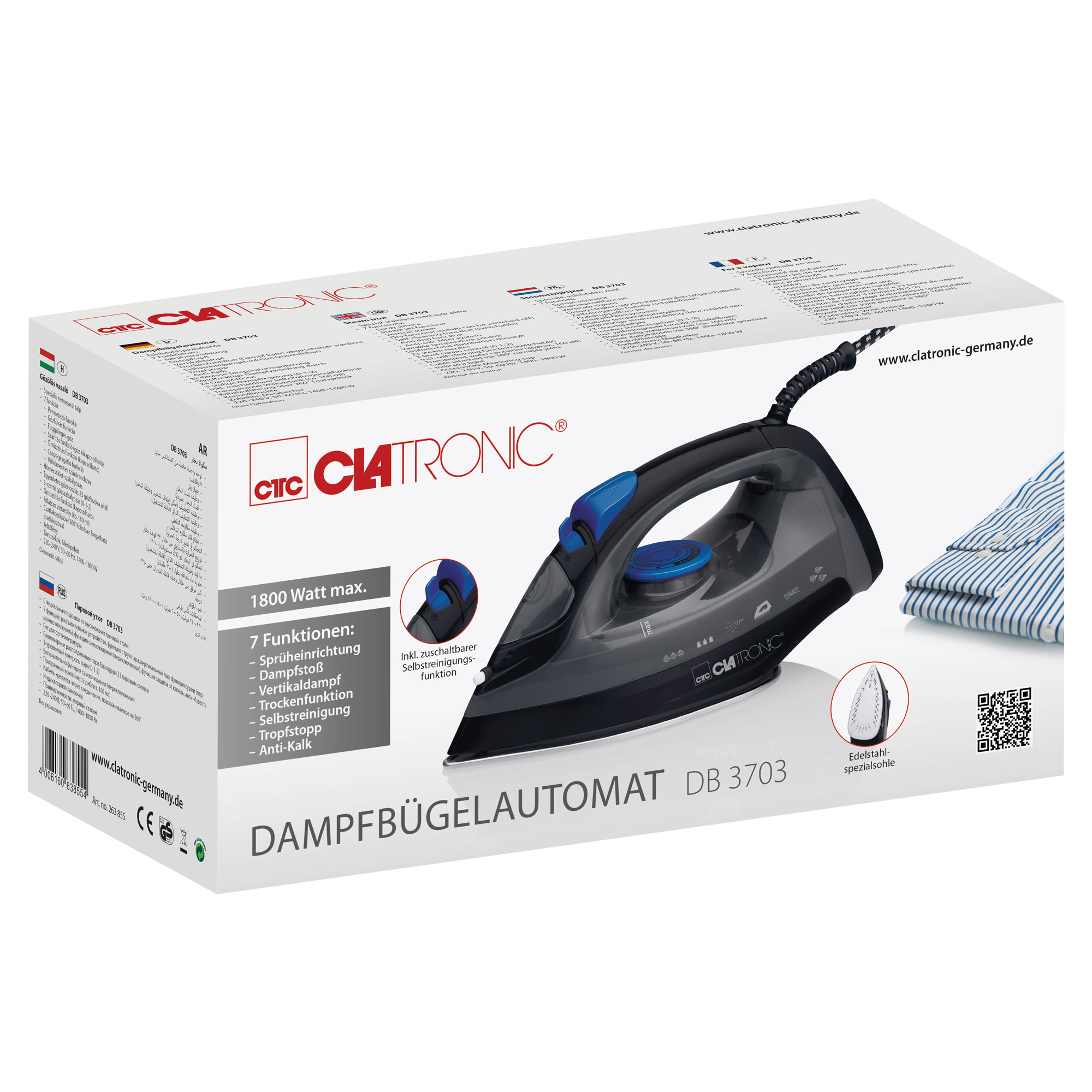Ein Clatronic-Bügeleisenkarton mit einem Bügeleisen, blau und schwarz, und einem Hemd.