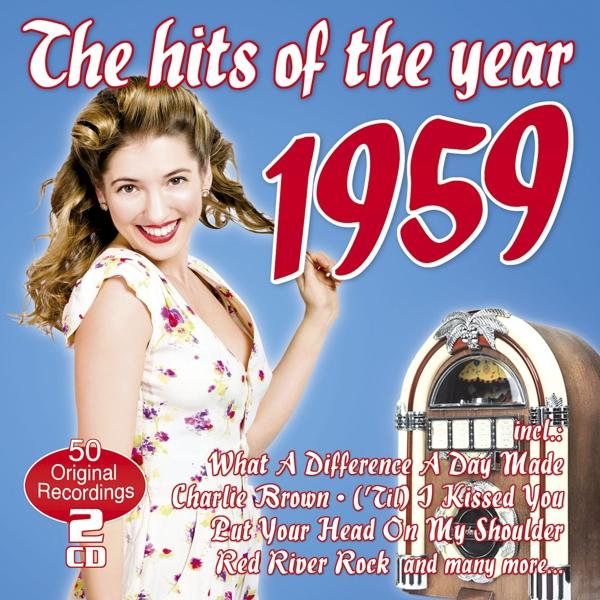 CD-Cover von "The hits of the year 1959". Es zeigt eine Frau, eine Jukebox und Text.