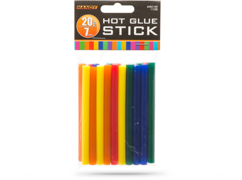 Egy csomag forró ragasztórúd. A pálcikák színesek és átlátszóak, a 'HOT GLUE STICK' felirattal.