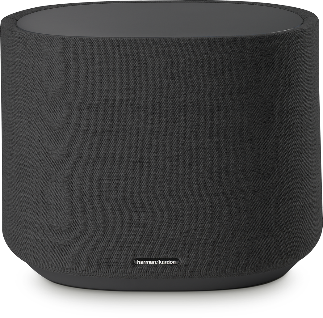 Zwarte cilindrische Harman Kardon luidspreker. Het is een met stof beklede luidspreker.