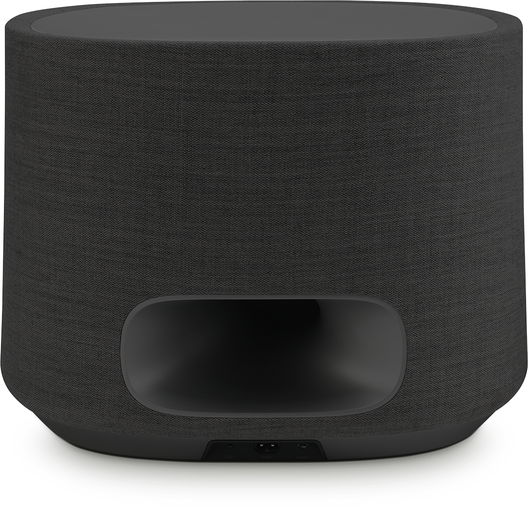 Zwarte slimme speaker met ovale opening. Donkergrijze achtergrond.