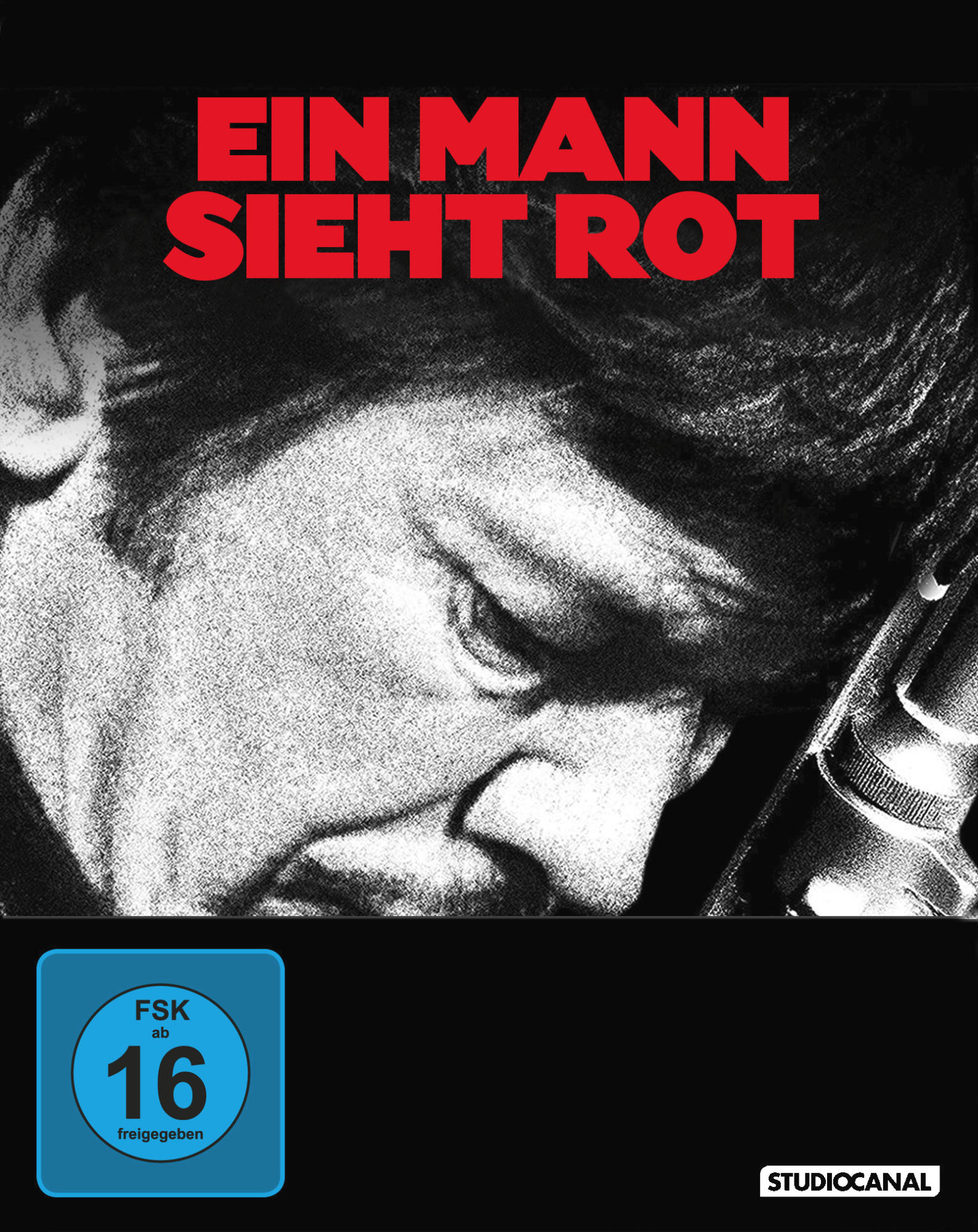 Ein Mann sieht Rot Filmplakat. Nahaufnahme des Gesichts, Text in Rot.