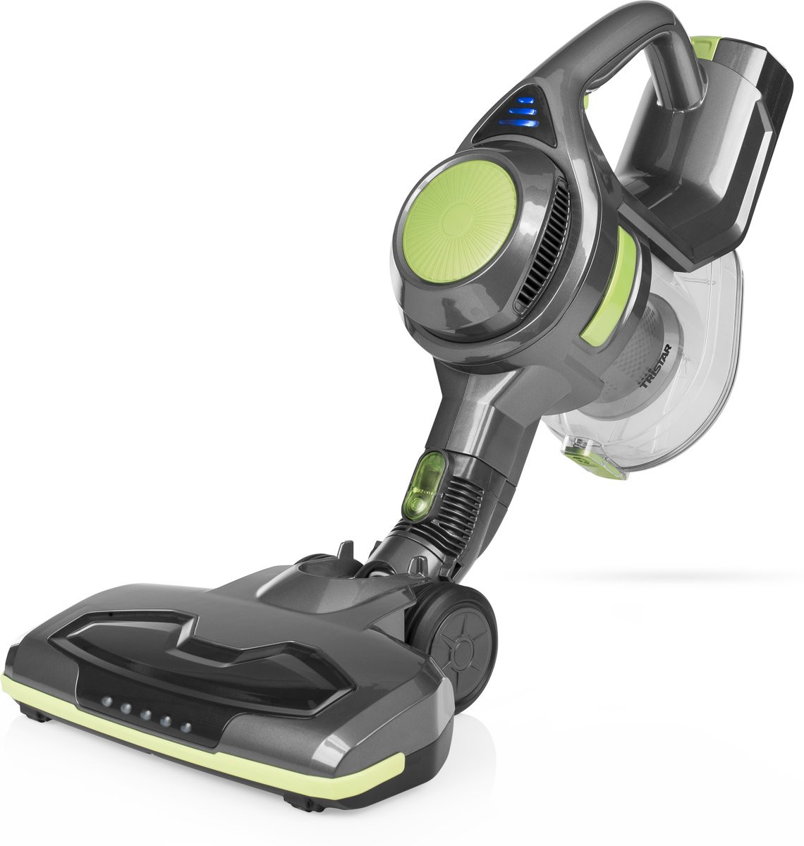 Un aspirateur Tristar sans fil gris et vert. Il est posé sur un fond blanc.