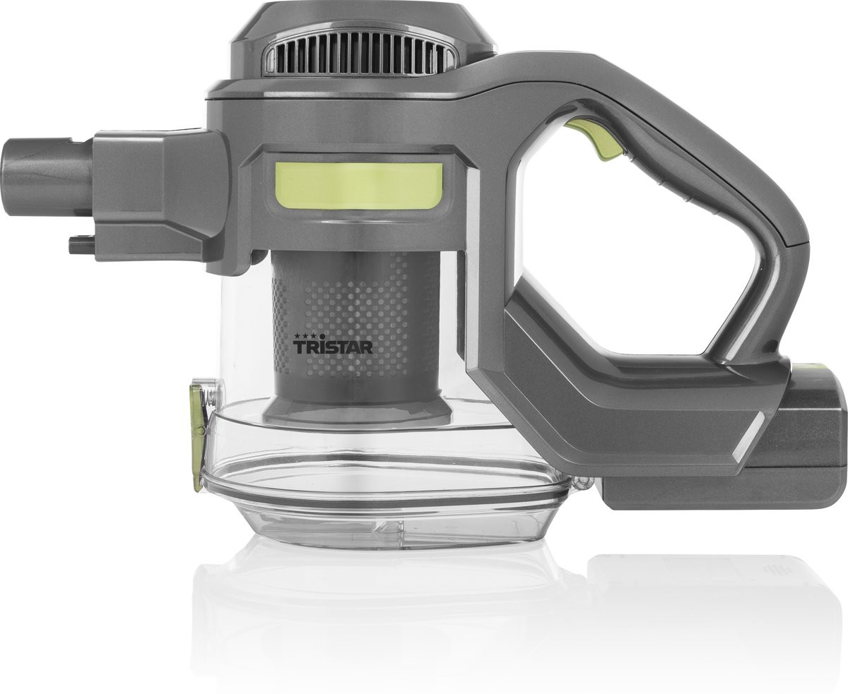 Aspirateur sans fil gris et transparent avec poignée et accent vert citron, sur fond blanc.