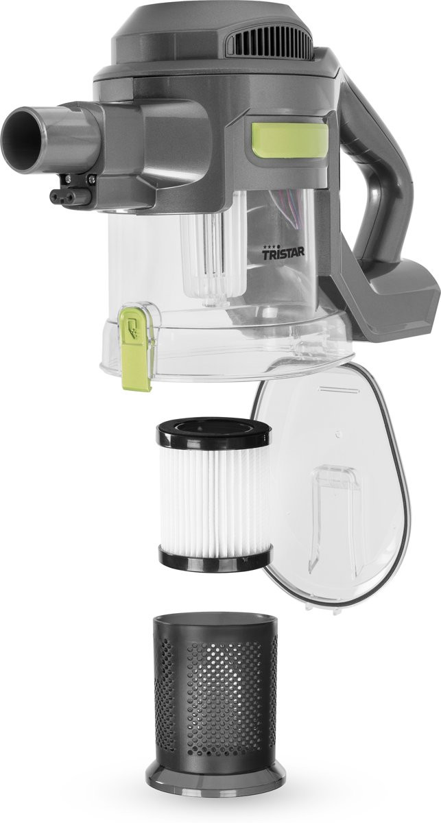 Aspirateur Tristar gris et vert démonté. Les pièces comprennent un filtre et un récipient.