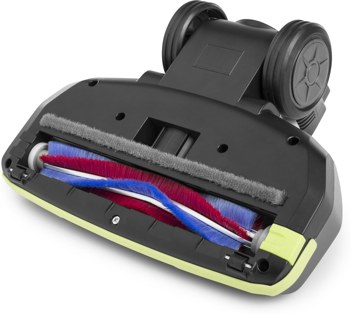 Tête d'aspirateur montrant des brosses rouges, bleues et grises avec des détails jaunes.