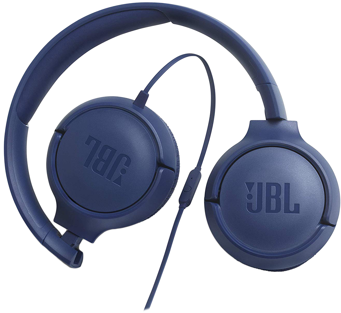 Kék JBL fejhallgató nyakpánttal, fülkagylóval és vezetékkel. A JBL logó a fülkagylókon található.