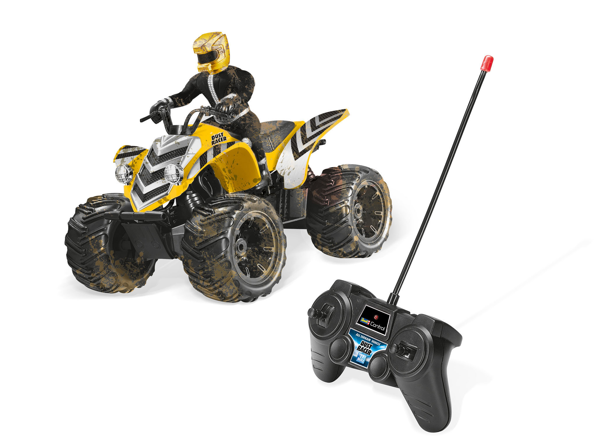 Spielzeug-ATV mit Fernbedienung. Das ATV ist gelb und schwarz mit einem Fahrer. Weißer Hintergrund.