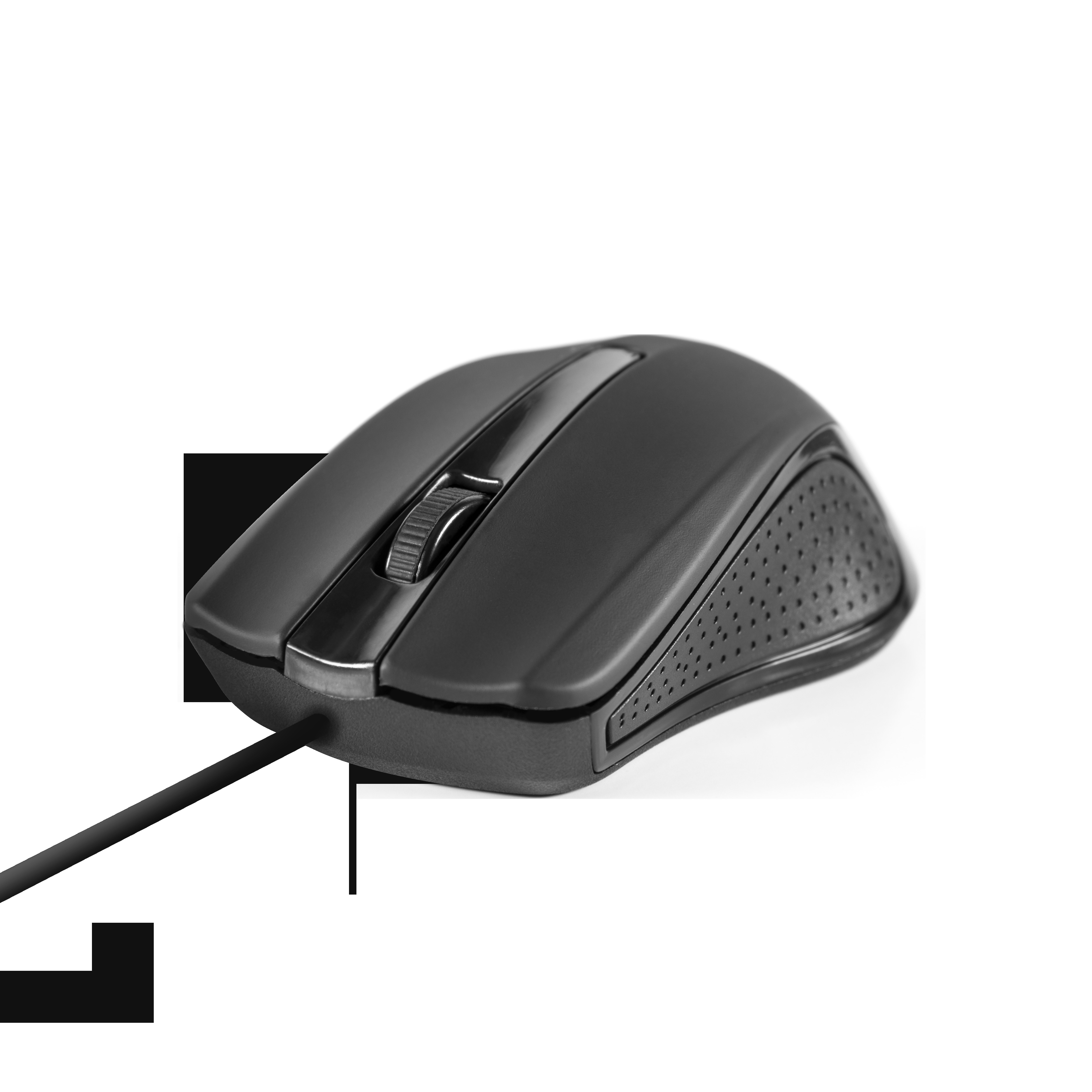 Mouse nero con rotella di scorrimento, vista laterale su una superficie bianca.