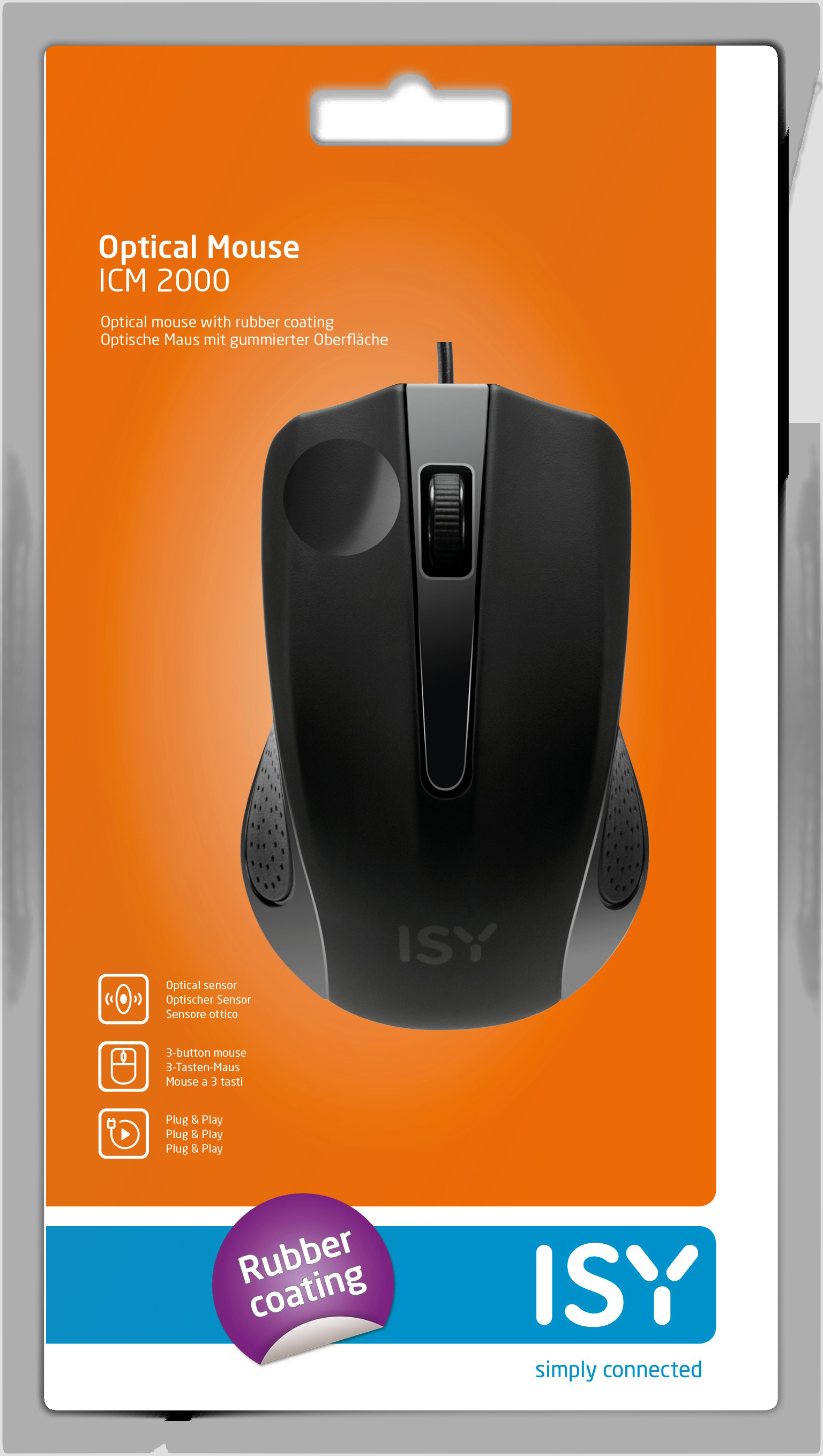 Souris optique noire sur un emballage, avec des fonctionnalités comme le revêtement en caoutchouc et plug & play.