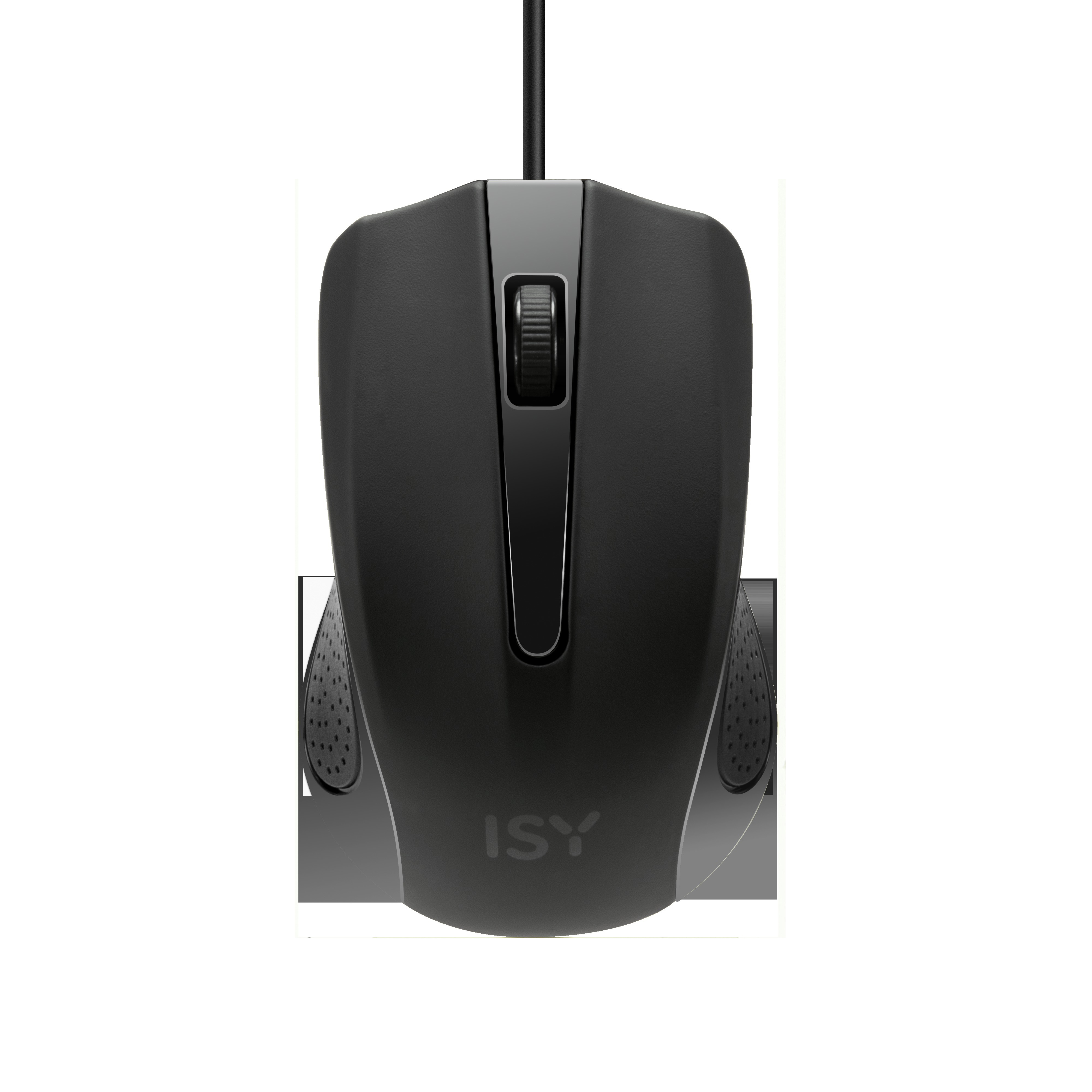 Mouse per computer nero con rotella di scorrimento e marchio ISY in basso.