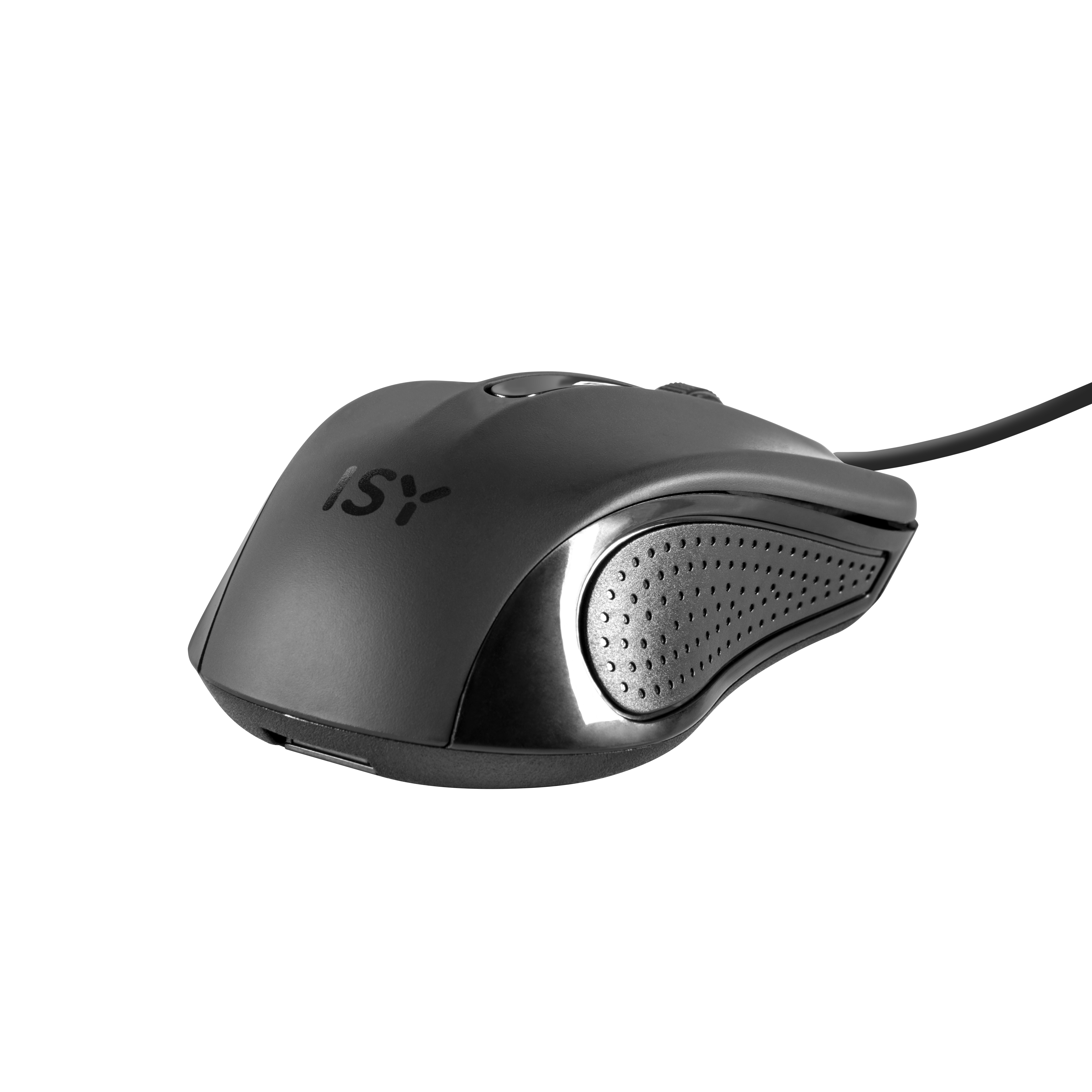 Mouse per computer nero con finitura lucida e logo ISY su sfondo scuro.