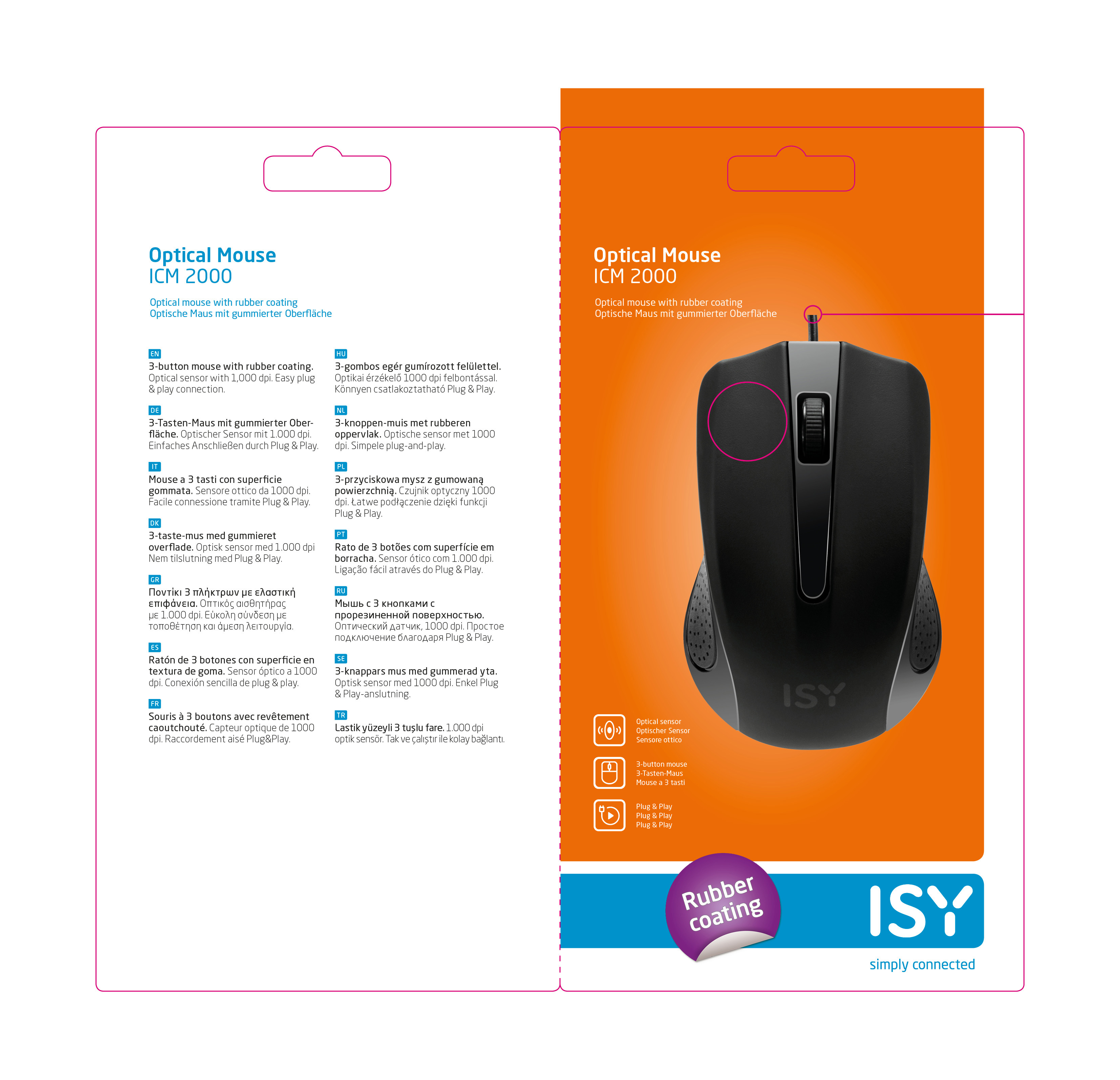 Brochure di un mouse ottico con rivestimento in gomma.