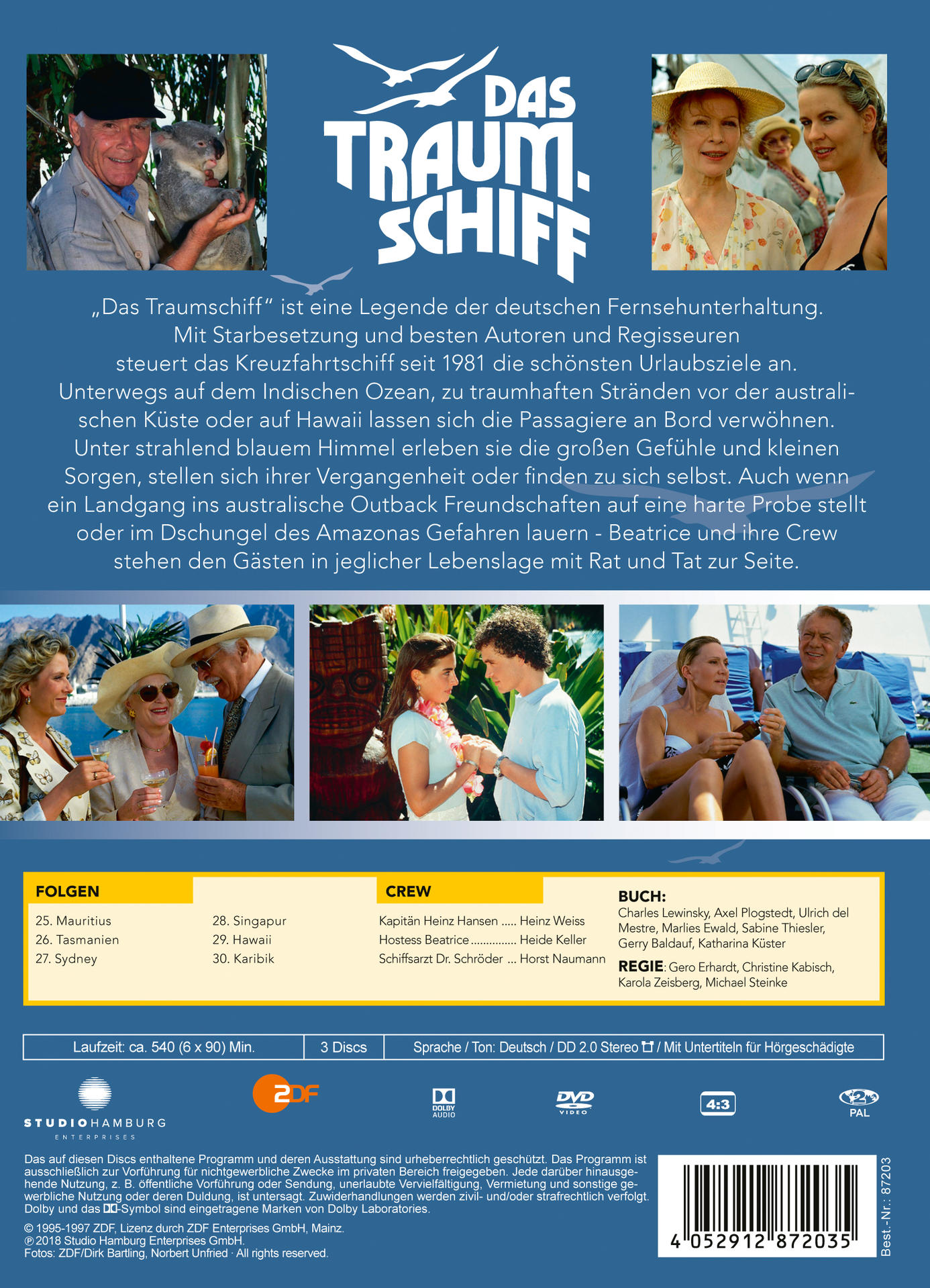 Rückseite einer DVD-Hülle für "Das Traumschiff". Verschiedene Personen und ein Boot sind abgebildet.