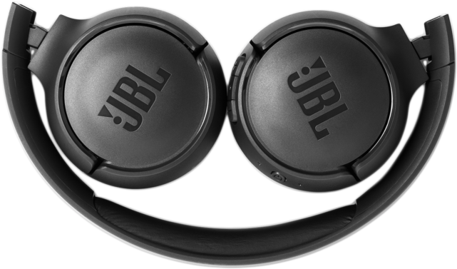 Fekete, összehajtott JBL fejhallgató, felülnézet. A JBL logók láthatók a fülkagylókon.