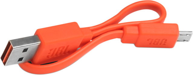 Narancssárga JBL USB-micro USB kábel, szögben, fehér háttéren izolálva.