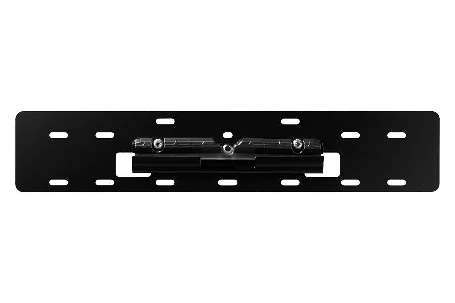 A black metal TV wall mount with mounting holes and a central locking mechanism.