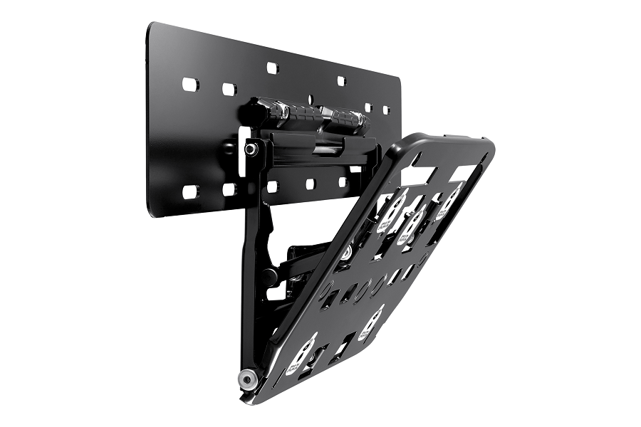 Black TV wall mount with a tilting mechanism, white background.