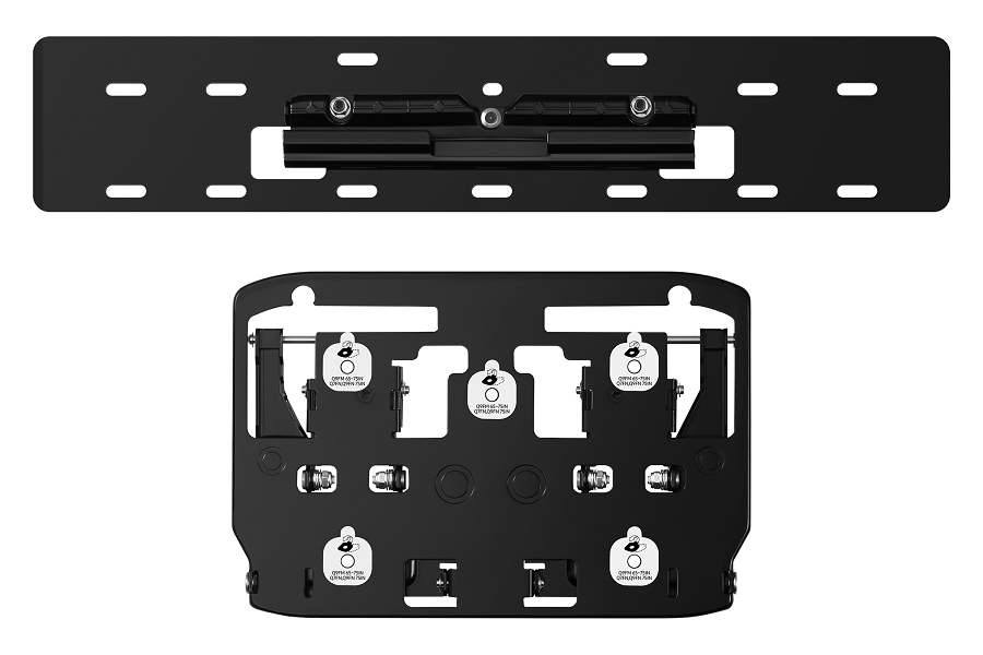 Black metal TV mounting brackets, two pieces, top and bottom, with screws and holes.